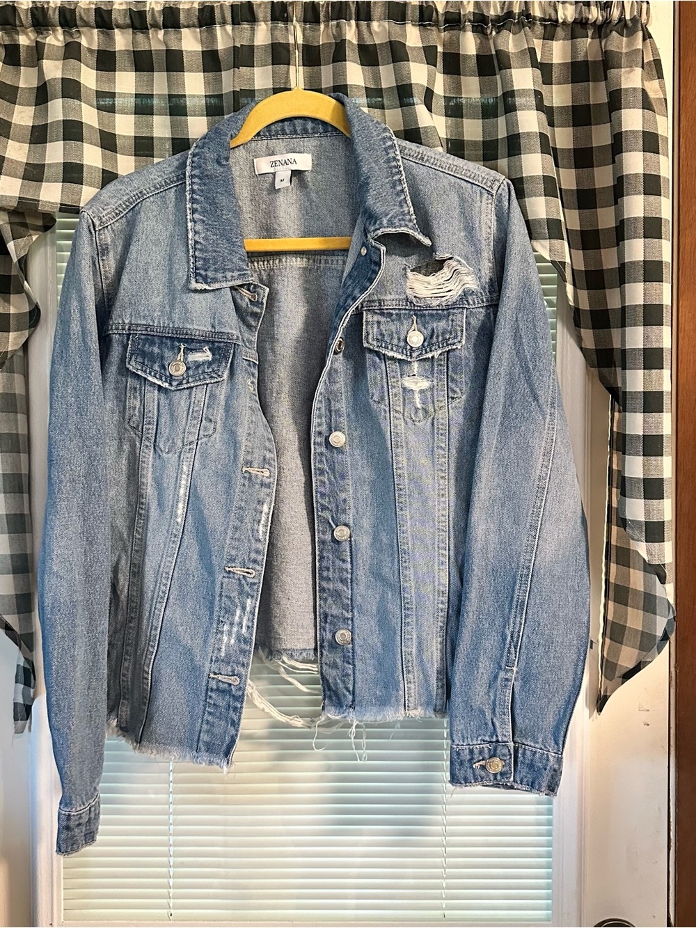 Zenana Outfitters Light Wash Distressed Denim Jacket - Blue